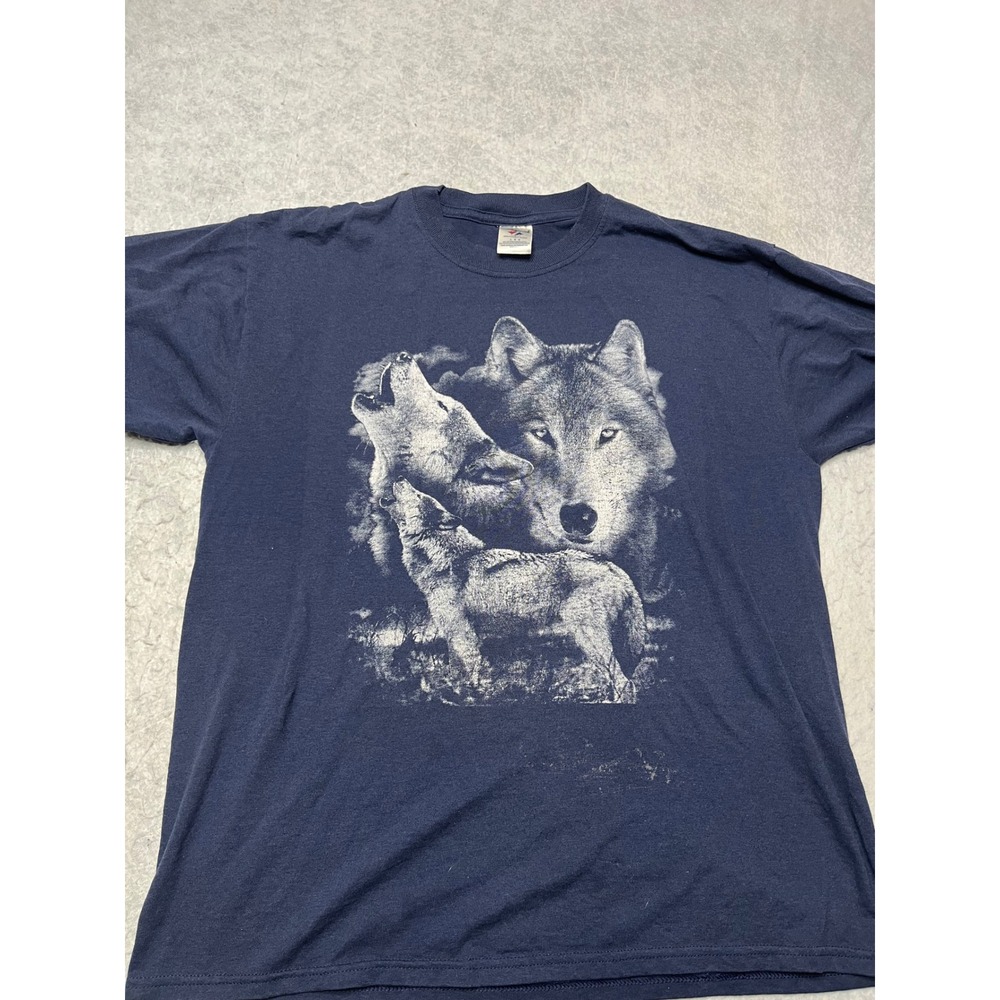 Jerzees Mens L Wolf Graphic T-Shirt Navy‎ Blue Howling Wolves vintage distressed